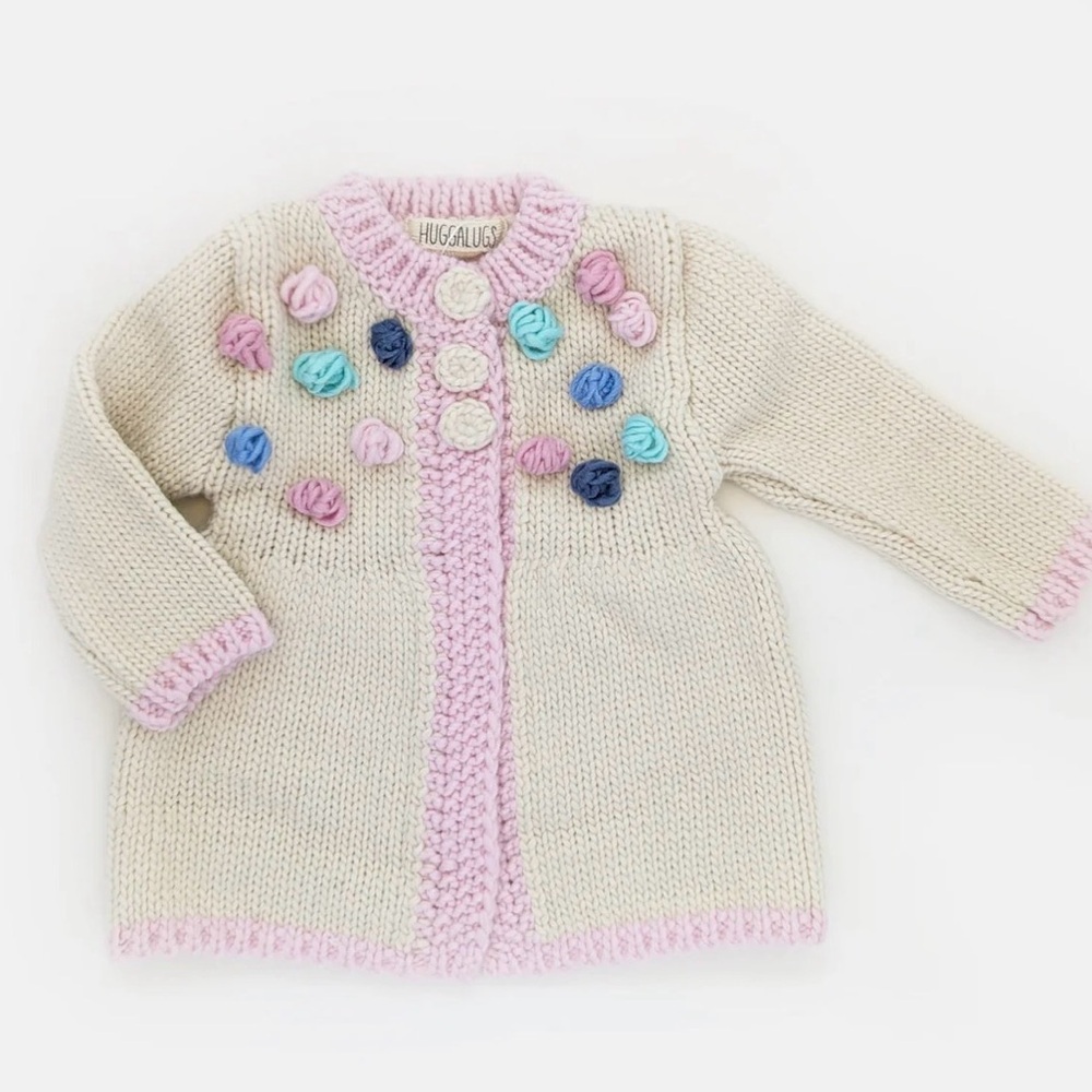 Huggalugs Cream & Pink Popcorn Knit Baby Sweater